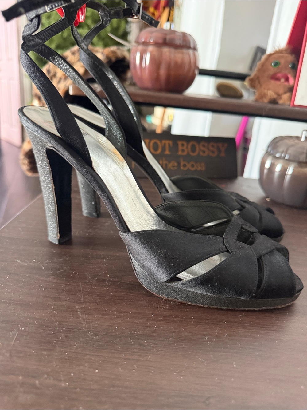 Stuart Weitzman Black Satin Knotted Open-Toe High Heels